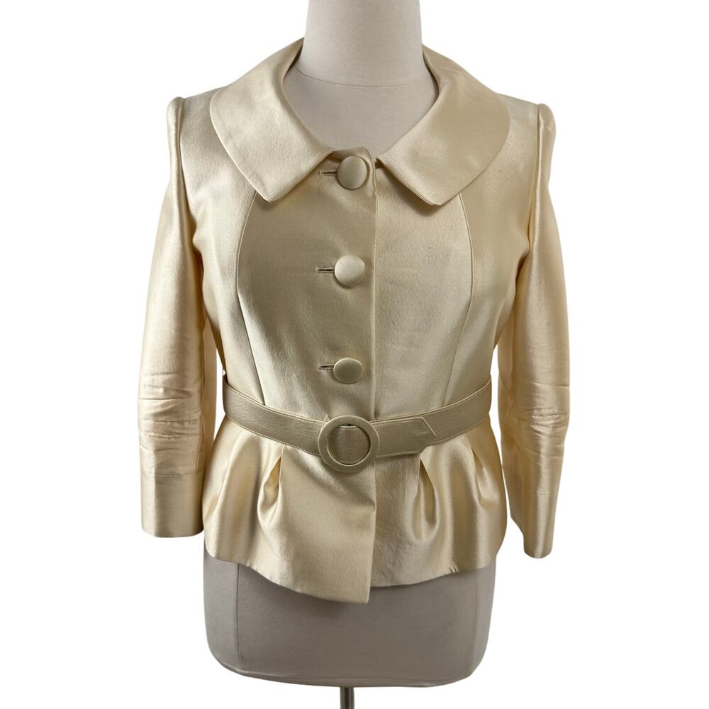 Tahari Champagne Jacket with Wide Collar, Covered Buttons and Belt, Size 12